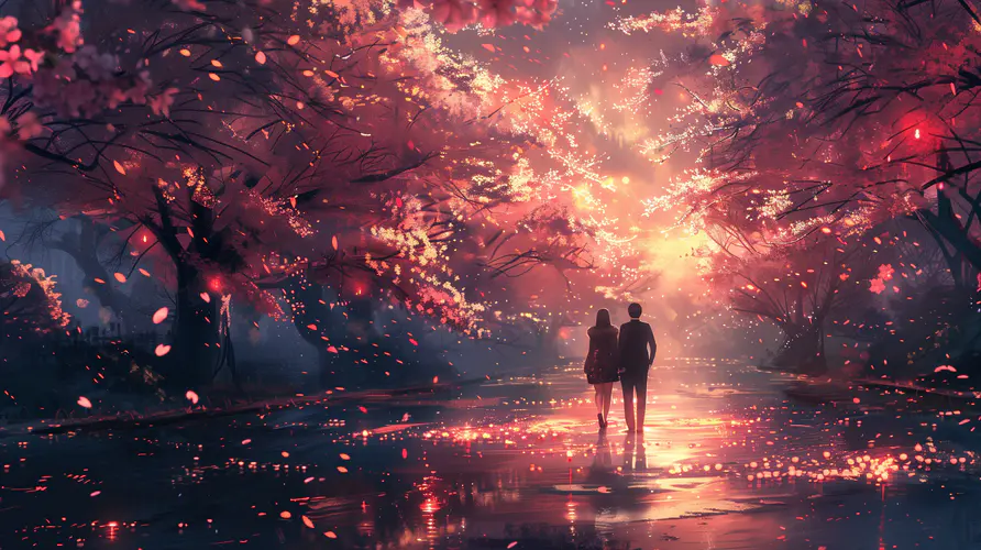 秋日浪漫漫步高清带鱼屏壁纸 - 梦幻唯美秋景电脑桌面背景图片