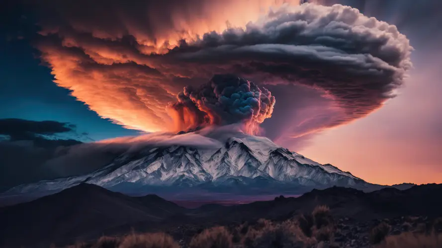 壮观的火山喷发风景，天空中的自然艺术壁纸，4K电脑桌面背景
