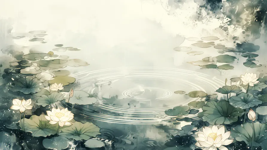 唯美莲花池意境插画 - 高清电脑桌面壁纸